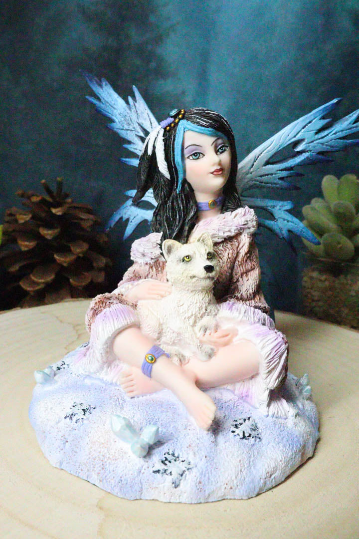 Ebros Winter Frozen Tribal Eskimo Fairy With Snow Wolf Cub Pup Pet Fantasy Figurine