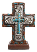 Rustic Western Silver Floral Scrollwork And Blue Turquoise Standing Cross Plaque