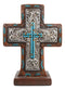 Rustic Western Silver Floral Scrollwork And Blue Turquoise Standing Cross Plaque