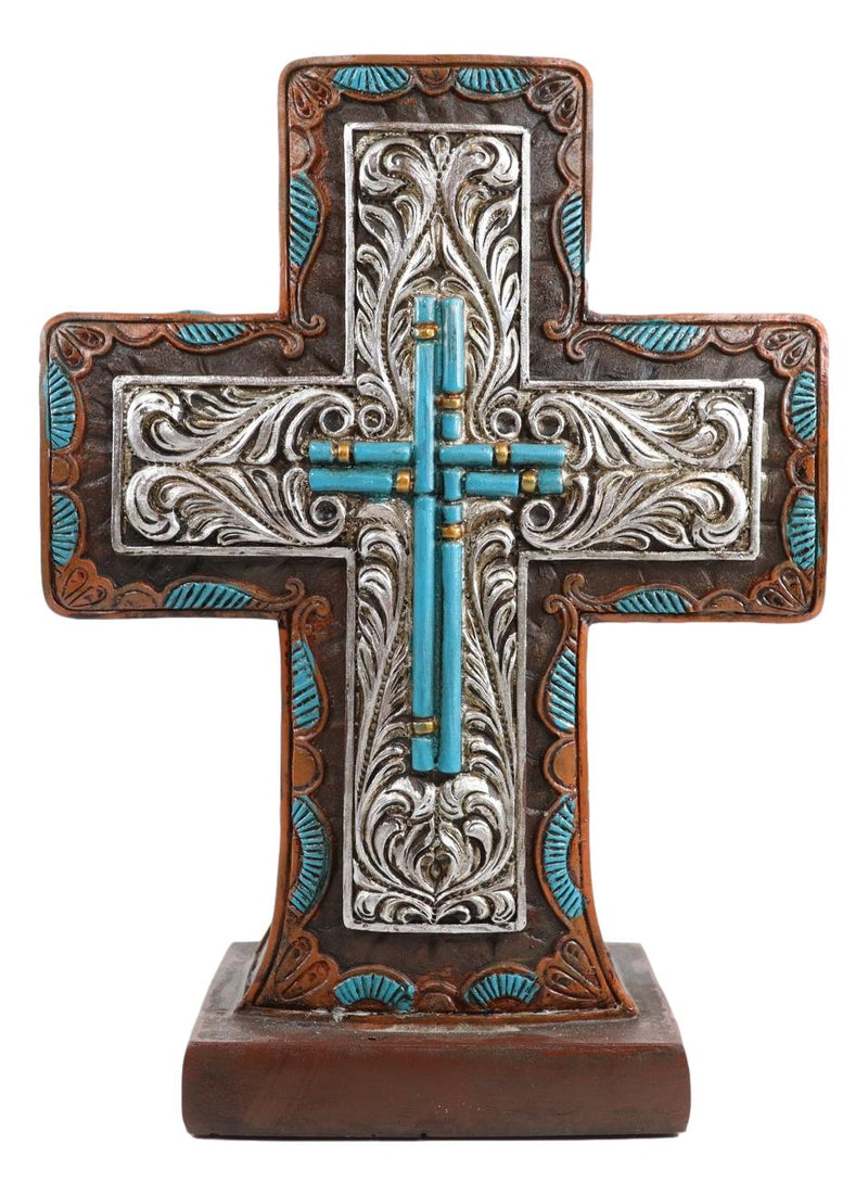 Rustic Western Silver Floral Scrollwork And Blue Turquoise Standing Cross Plaque