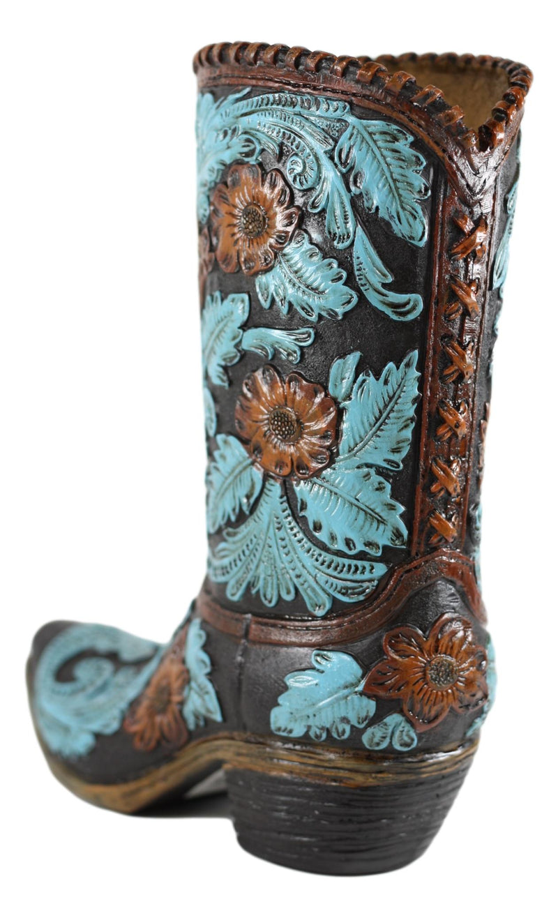 Turquoise Maroon Floral Scroll Lace Damask Cowboy Boot Vase Planter Figurine 12"