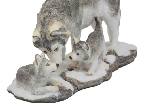 Denizens Of Twilight Large Winter Snow Wolf Mother And Pups Family Statue 9.75"L