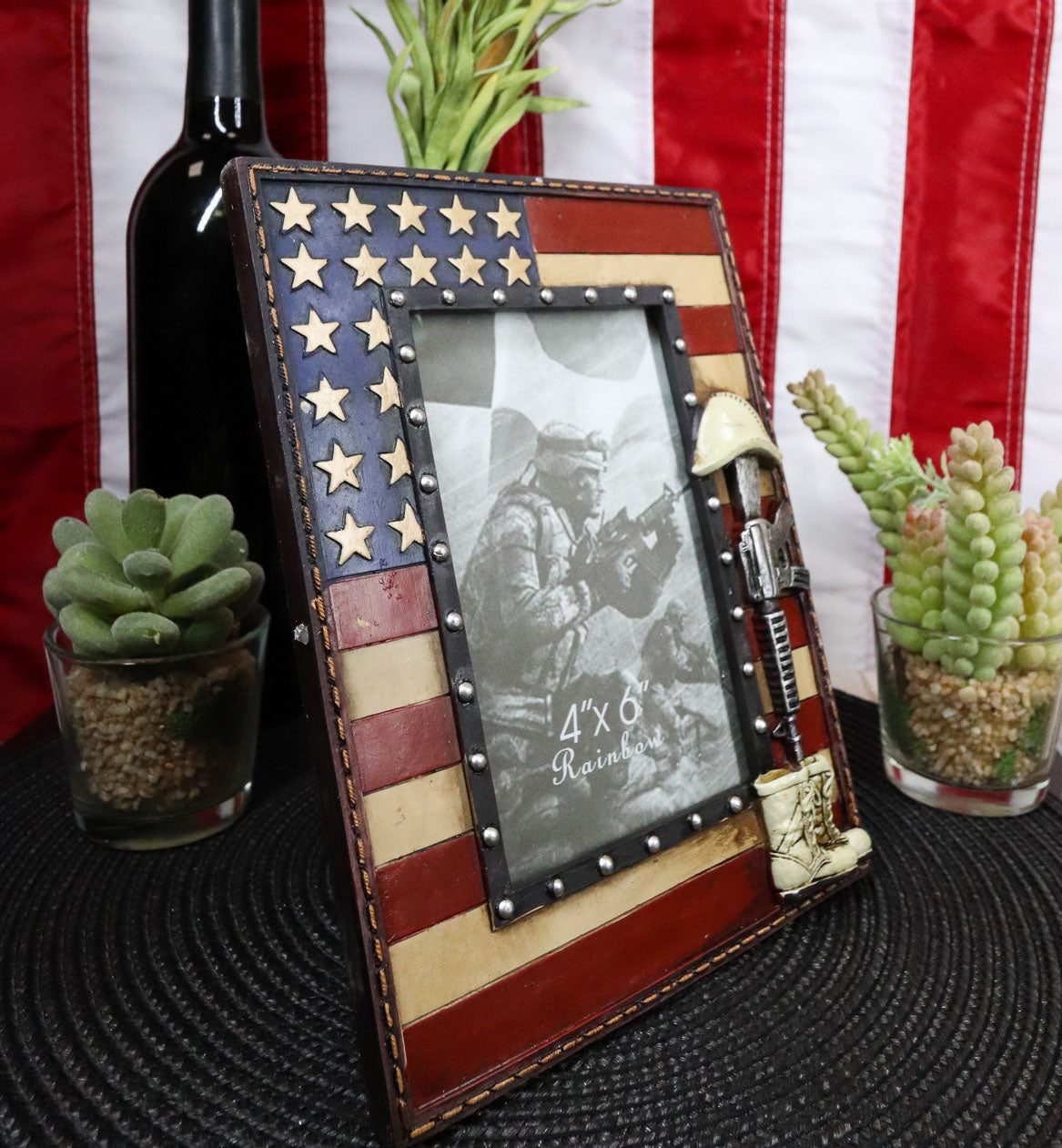 Western Stars USA Flag Fallen Soldier Boots Rifle Helmet Picture Frame 4"X6" - Ebros Gift