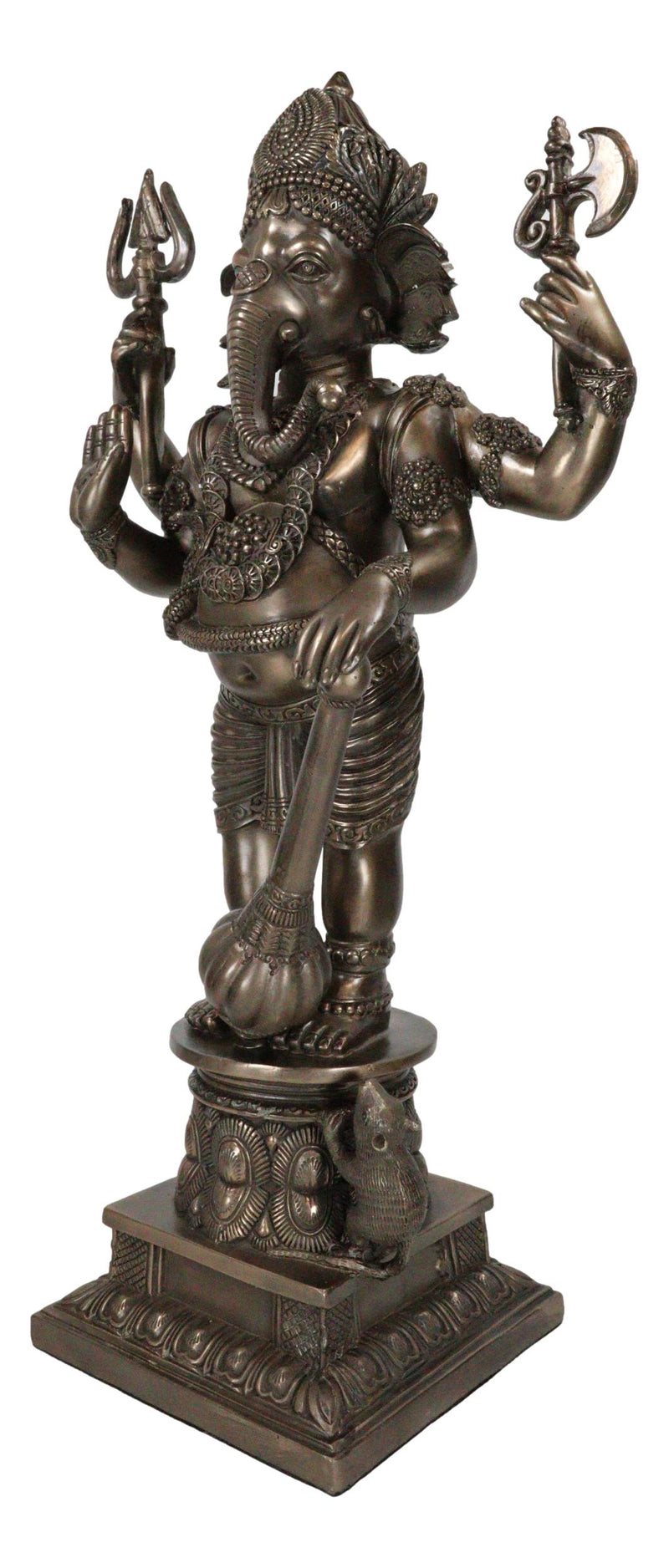 Large 21" Tall Ganesha With Dhoti in War Armor On Pillar With Rat Statue Bronzed