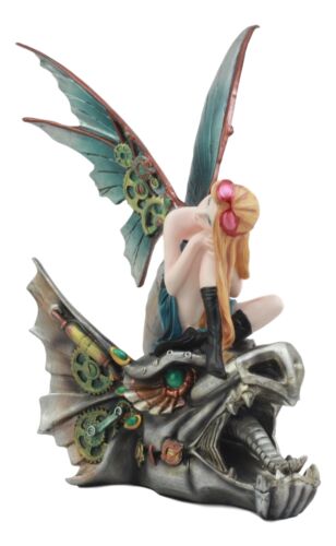 Steampunk Pilot Aviator Fairy Riding Mechanical Cyborg Dragon Head Statue 10"H