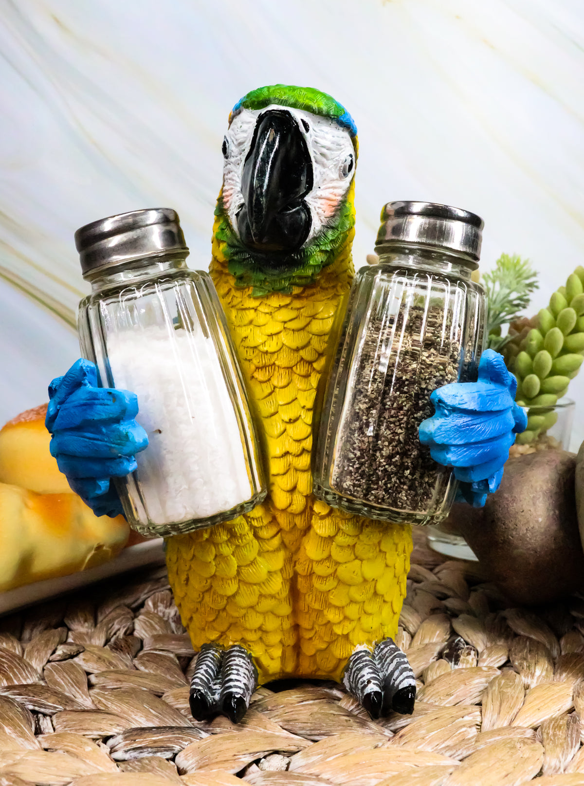Ebros Tropical Rainforest Blue Scarlet Macaw Parrot Salt Pepper Shakers Holder - Ebros Gift