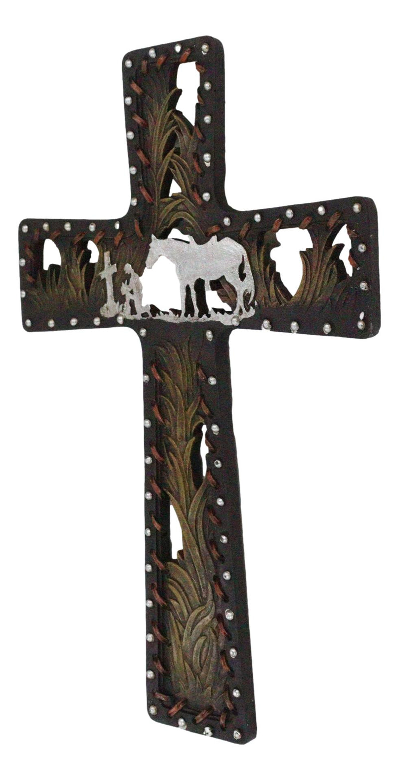 Rustic Western Kneeling Cowboy With Horse In Prayer Faux Leather Wall Cross