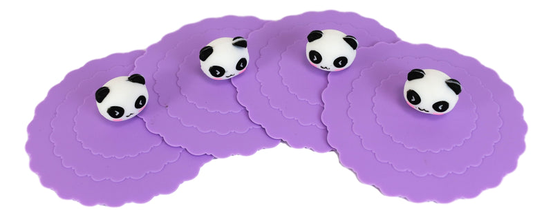 Set Of 4 Purple Panda Reusable Silicone Coffee Tea Cup Cover Lids Air Tight