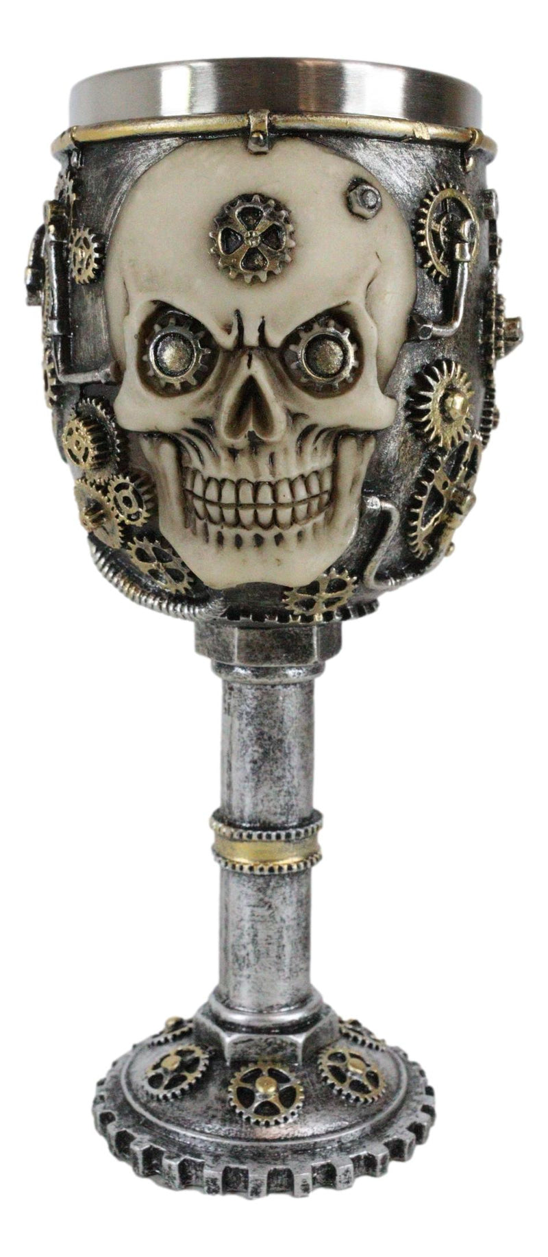 Silver Steampunk Mechanical Gearwork Skull Face Wine Goblet Drink Chalice Cup