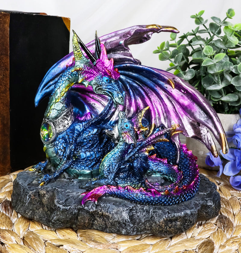 Ebros Violet Blue Midnight Sky Gemstone Mother Dragon with Baby Wyrmling Statue 7.25" Long Home Decor Resin Medieval Fantasy Dungeons and Dragons Figurine