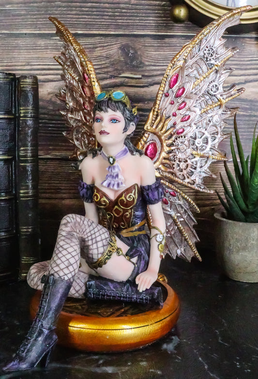 Steampunk Air Force Pilot Assassin Fairy Sitting On Time Warp Machine Figurine