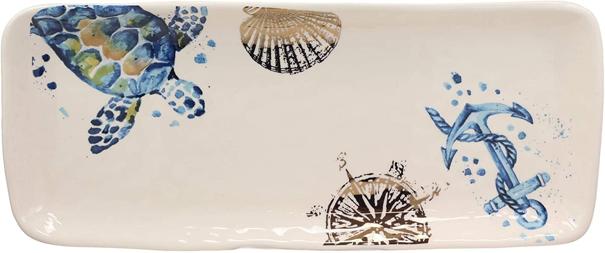 Ebros Blue & White Sea Turtle Ceramic Dinnerware (Rectangular Plate 13.75"L, 1)