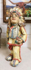 Native American Indian Warrior Chief With Chalumet Pipe Faux Wood Resin Figurine