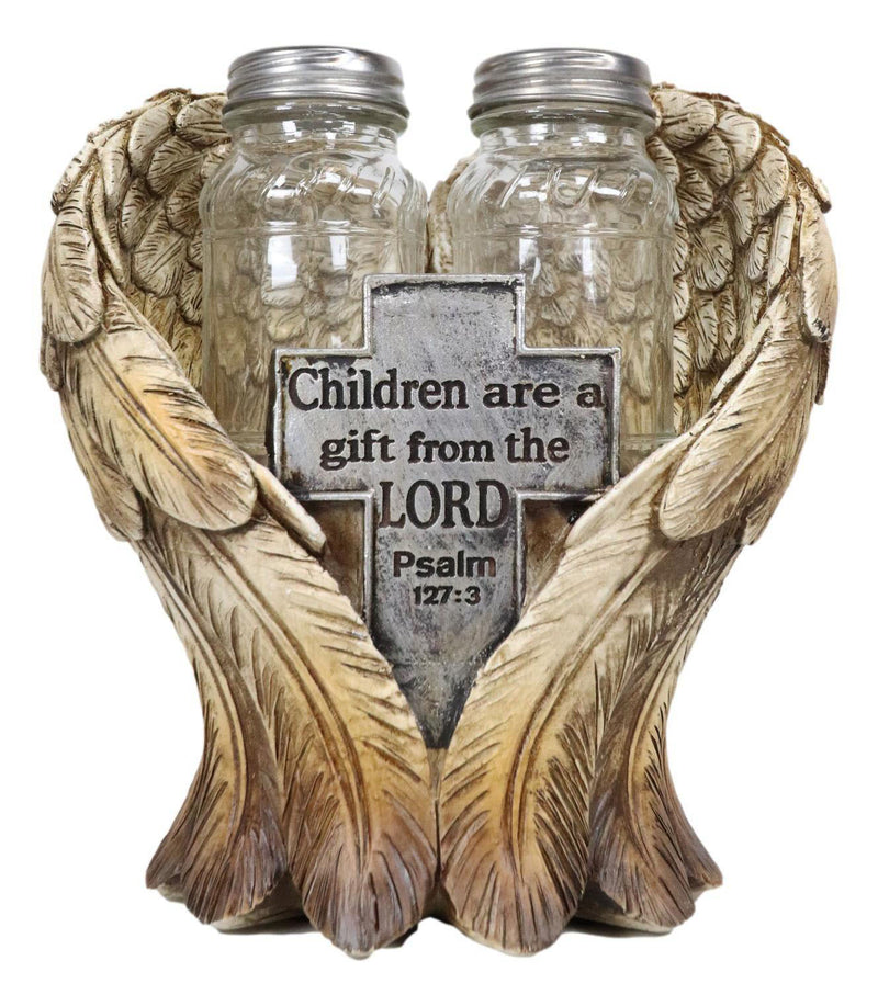 Holy Cross Psalm127 Scripture Heart Angel Wings Salt Pepper Shakers Holder Set
