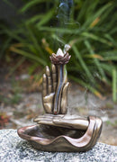 Zen Yoga Meditation Buddha Mudra Hands Lotus Flower Backflow Incense Burner