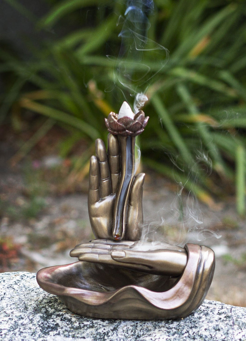 Zen Yoga Meditation Buddha Mudra Hands Lotus Flower Backflow Incense Burner