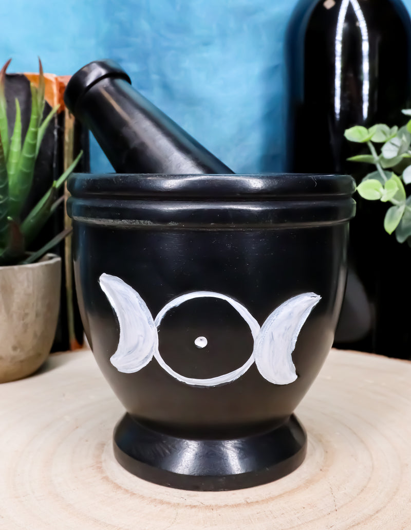 Wicca Witchcraft Triple Goddess Moon Carved Soap Stone Mortar and Pestle Set