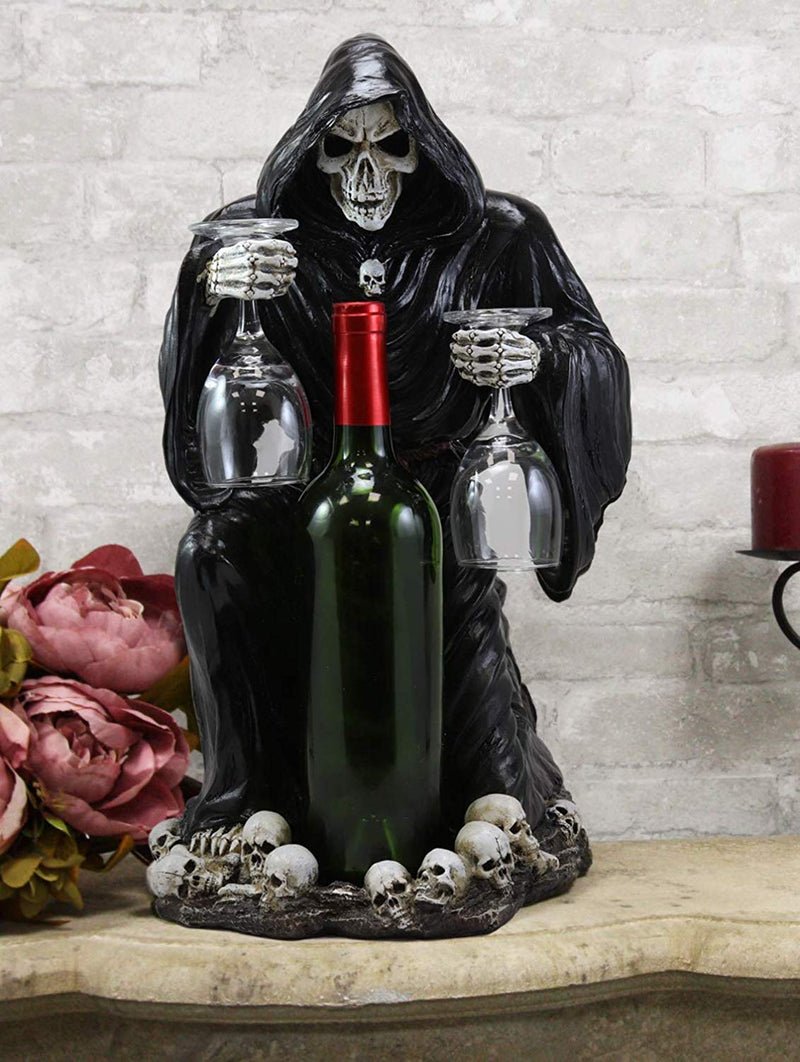 Large Kneeling Grim Reaper Skeleton Wine Bottle & Glasses Valet Holder Statue