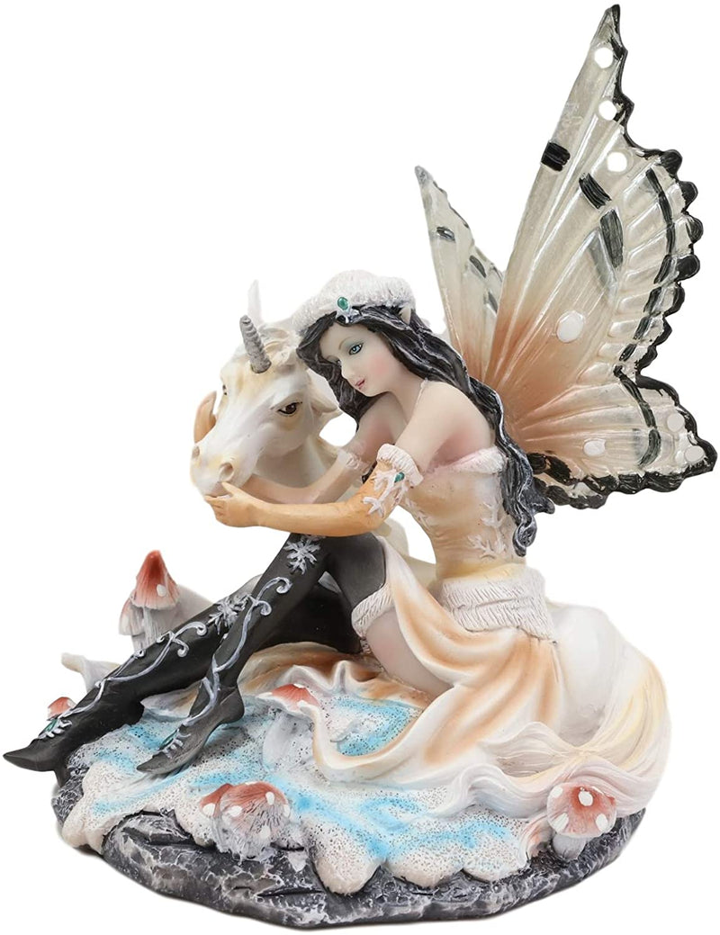 Ebros Winter Butterfly Fairy with White Unicorn On Mushrooms Figurine 6.5" Long