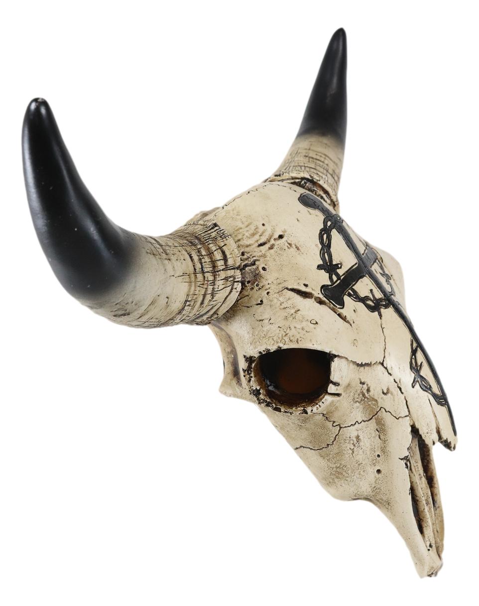 12"W Rustic Nail Spikes And Crown Of Thorns Cross Bison Bull Skull Wall Plaque - Ebros Gift