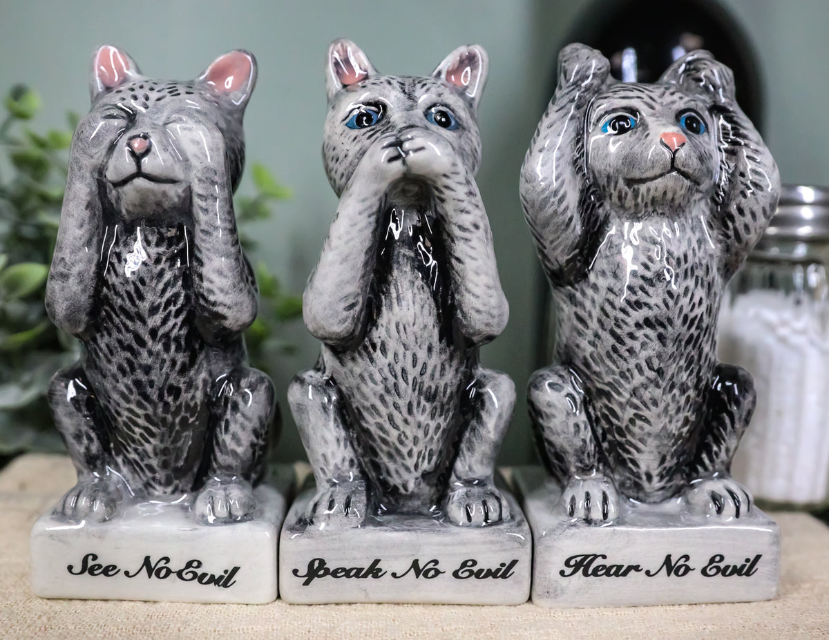 See Hear Speak No Evil Cats Trio Toothpick Holder Salt And Pepper Shakers Set - Ebros Gift