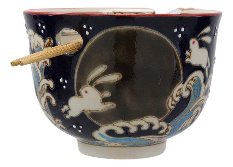 Ebros Rabbits Full Moon Ramen Noodles Bowl With Built In Chopsticks & Rest Set