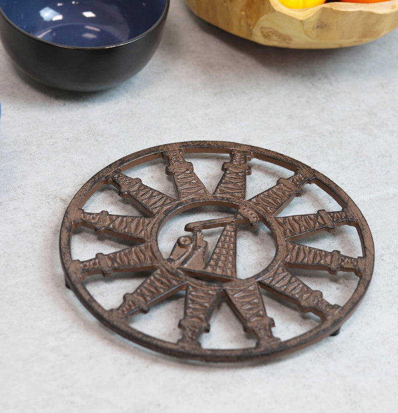 Rustic Round Pumpjack Cutout With Oil Derrick Towers Border Cast Iron Trivet
