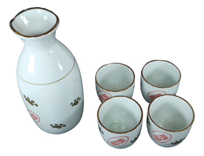 Ebros Japanese Maneki Neko Lucky Charm Cat Ceramic White Sake Set Flask With Four Cups