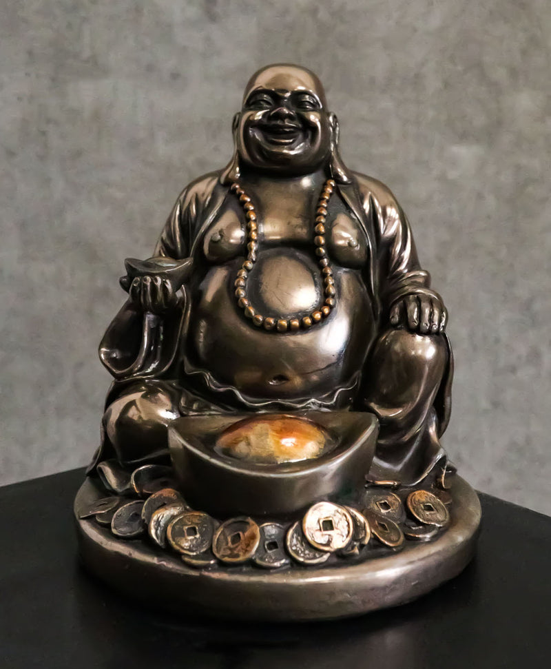 Laughing Buddha Zen Monk Of Prosperity Golden Nugget Lucky Charm Figurine 4.5"H