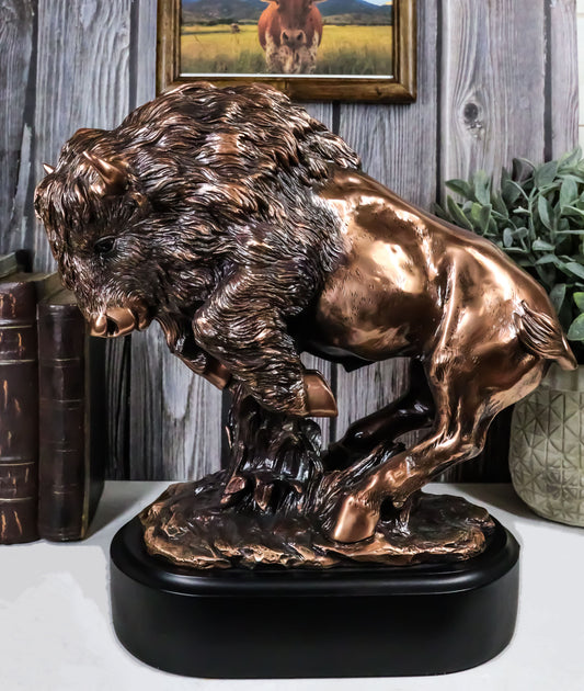 Ebros Western Large Angry Charging Bison Statue in Bronze Electroplated Finish - Ebros Gift