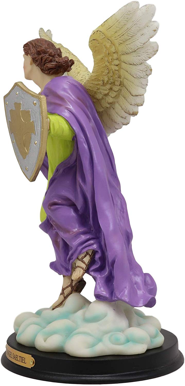 Ebros Holy Archangel Saint Saeltiel Carrying Shield of Faith Statue with Brass Name Plate 10" Tall Angel Selaphiel Patron of Worship Intercession and Prayer of God Altar Collectible Figurine