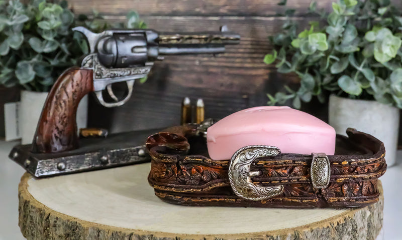 Rustic Western Cowboy Revolver Guns Belt Buckle Soap Dish And Toothbrush Holder