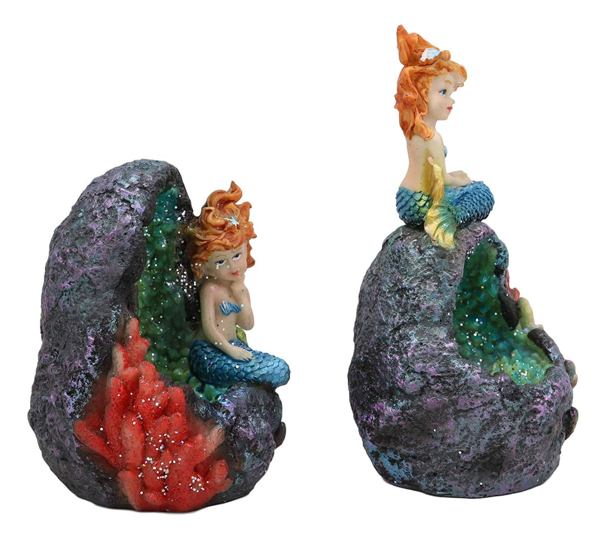 Ebros Nautical Blue Tail Mermaids With LED Light Geode Crystal Cave Figurines Set Of 2