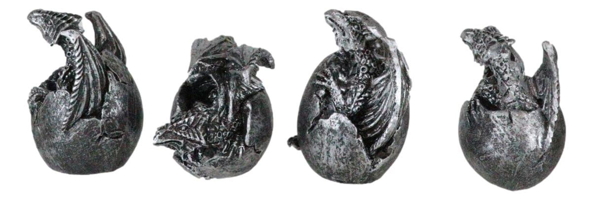 Set of 4 Silver Whimsical Wyrmling Baby Dragon Egg Hatchlings Mini Figurines