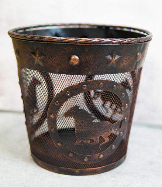 Rustic Western Horses Stars Studs Braided Rope Trim Metal Wire Waste Basket Bin - Ebros Gift
