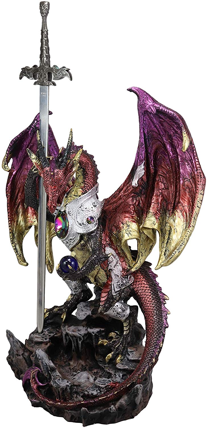 Ebros Gift Large Hyperion Red Ember Crystal Heart Armored Dragon Guardian of Orb and Excalibur Dagger Blade Sword Statue 12" Tall Medieval Dungeons and Dragons Fantasy Decorative Sculpture