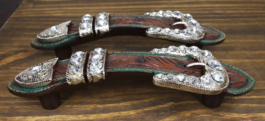 Set Of 6 Western Faux Tooled Leather Bling Belt Buckle Drawer Cabinet Bar Pulls