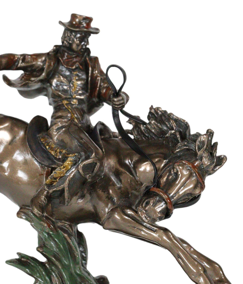 Rustic Western Rodeo Cowboy Riding On Galloping Wild Mustang Horse Figurine
