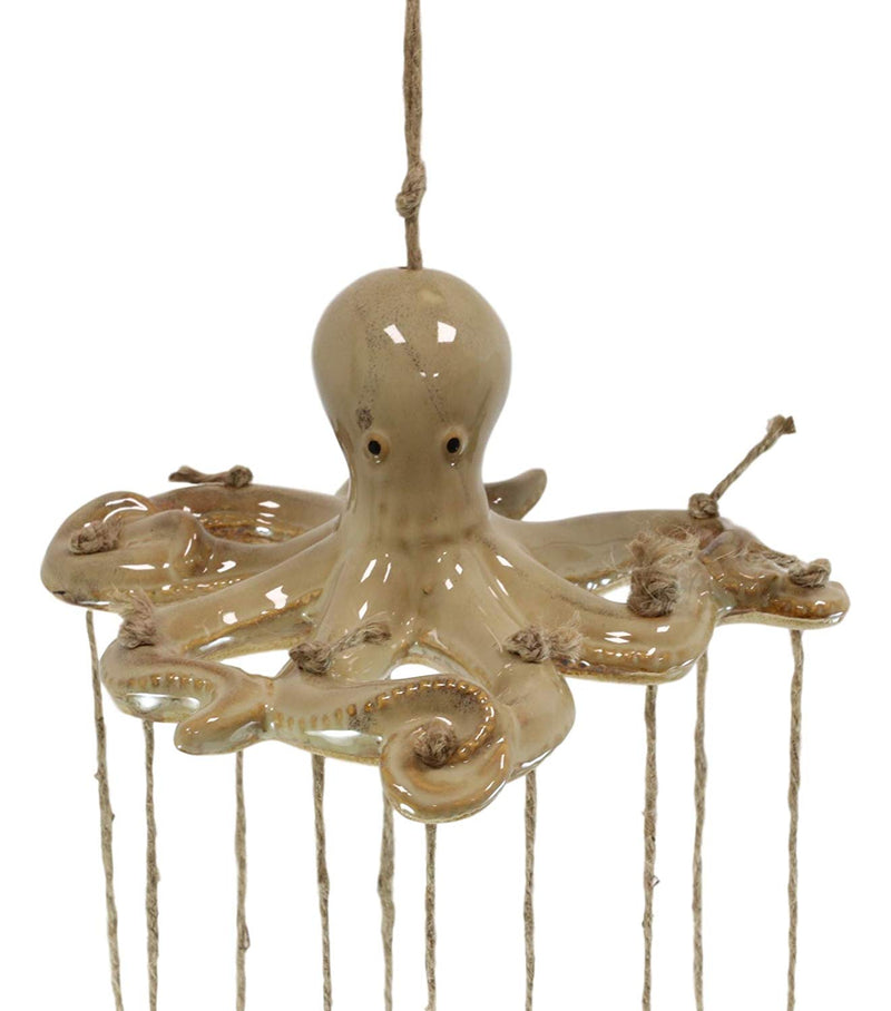 Ebros Gift Ceramic Nautical Ocean Sand Tan Octopus with Corals Starfish and Shells Wind Chime Mobile Sculptures Marine Life Beach Decorative Hanging Mobiles Garden Patio Pool Deck Accents