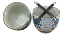 Japanese Design Ceramic Indigo Blossoms Ramen Noodles Bowl & Chopsticks Set of 2