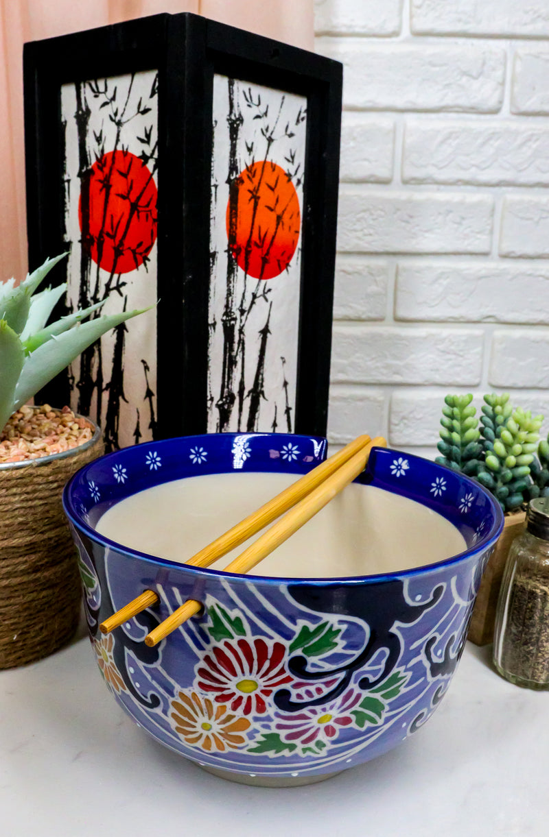 Ebros Blue Colorful Floral Breeze Ramen Udon Noodles Large 6.25" Diameter Soup Bowl With Built In Rest and Bamboo Chopsticks Set for Rice Pasta Salad