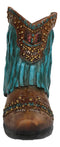 Rustic Western Cowboy Turquoise Frill Fringe Faux Leather Boot Pen Holder Decor