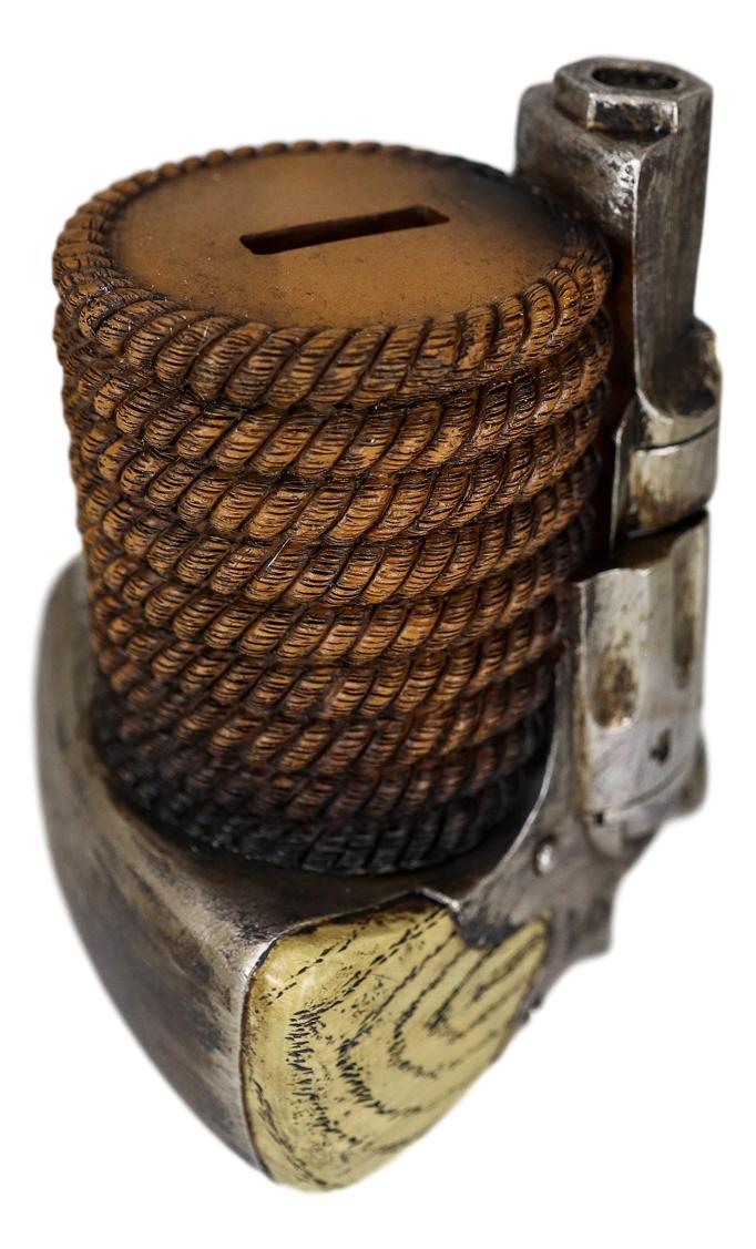 Ebros Western Rustic Revolver Six Shooter And Cowboy Ropes Piggy Coin Bank Figurine