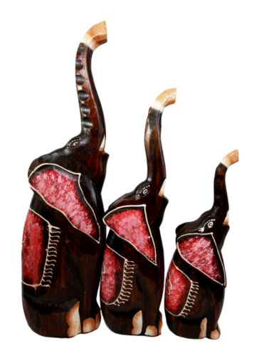 Balinese Wood Handicrafts Large Abstract Jungle Pink Elephant Figurine Set 20"H