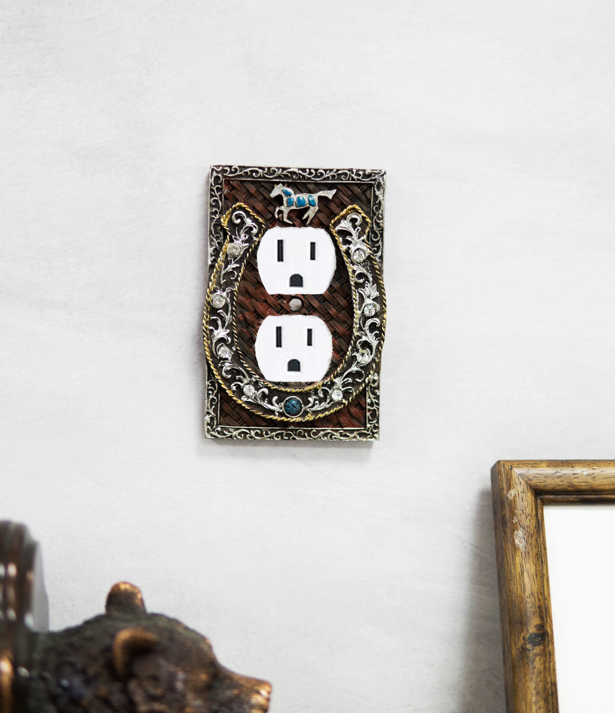 Set of 2 Western Horseshoe Turquoise Mustang Wall Double Receptacle Outlet Plate - Ebros Gift