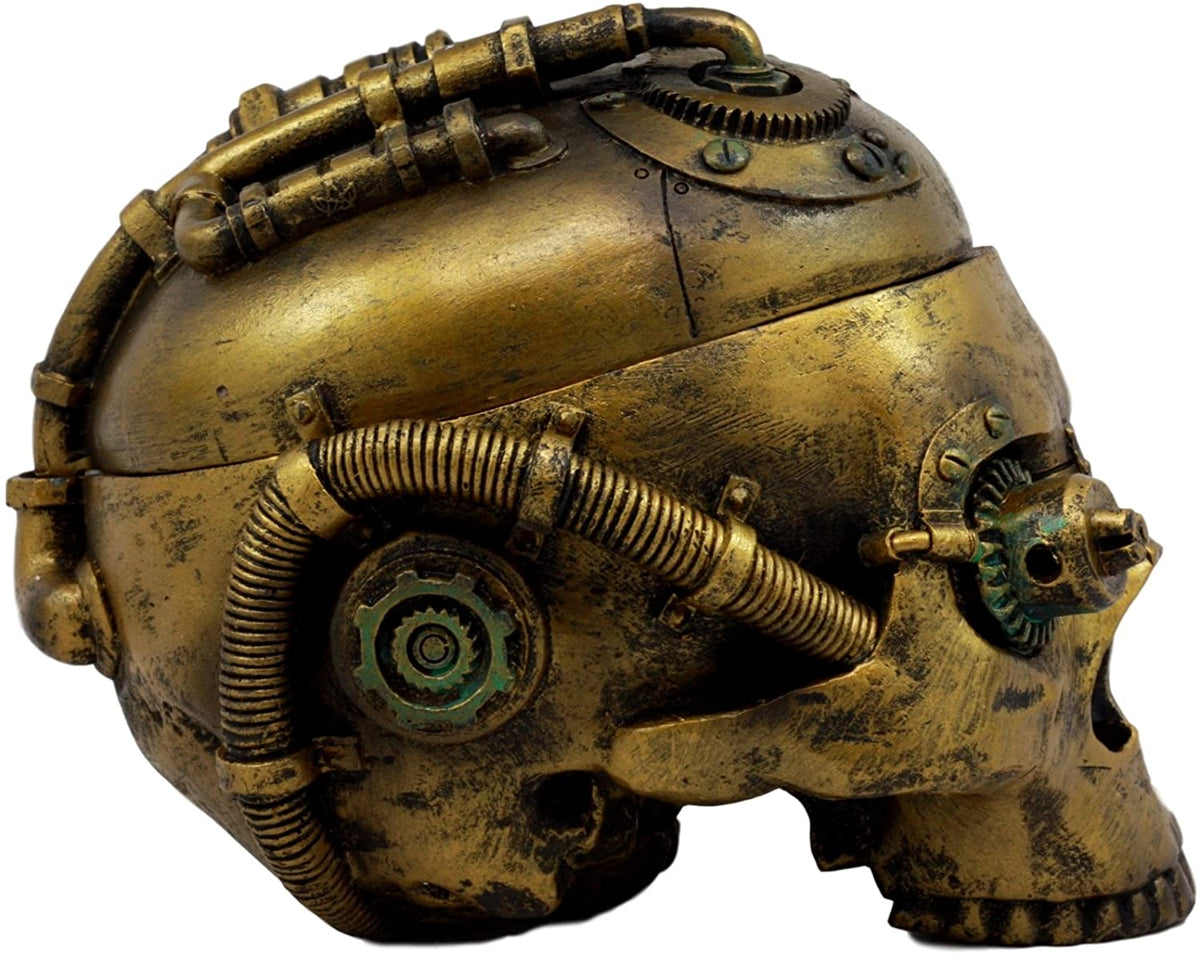 Steampunk Cyborg Robotic Skull Jewelry Box Figurine 7.5"L Skull Bowl Container - Ebros Gift
