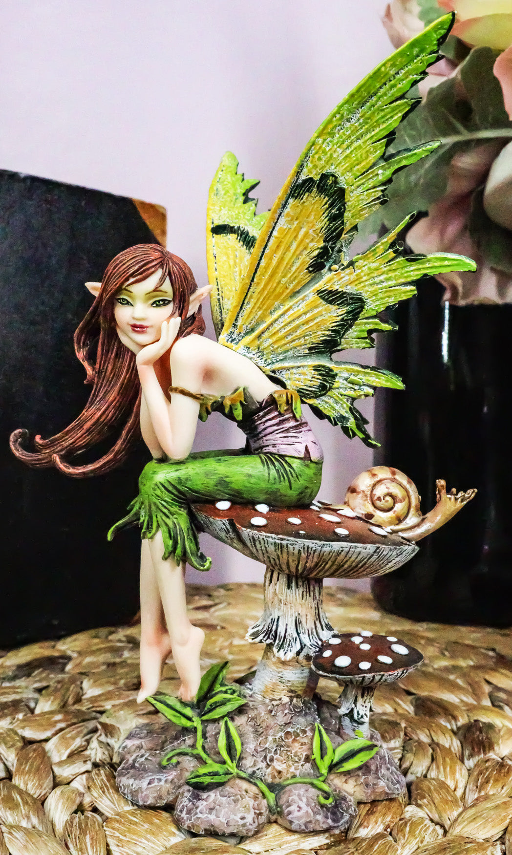 Ebros Amy Brown Thinking Of You Fairy Sitting On Wild Giant Mushroom Statue - Ebros Gift