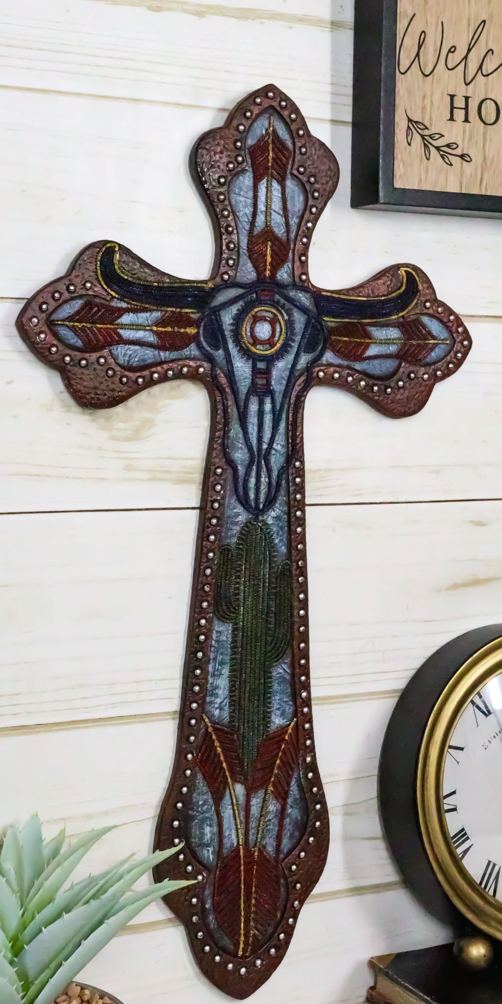 Rustic Western Texas Longhorn Cow Desert Cactus Faux Leather Wall Cross Decor