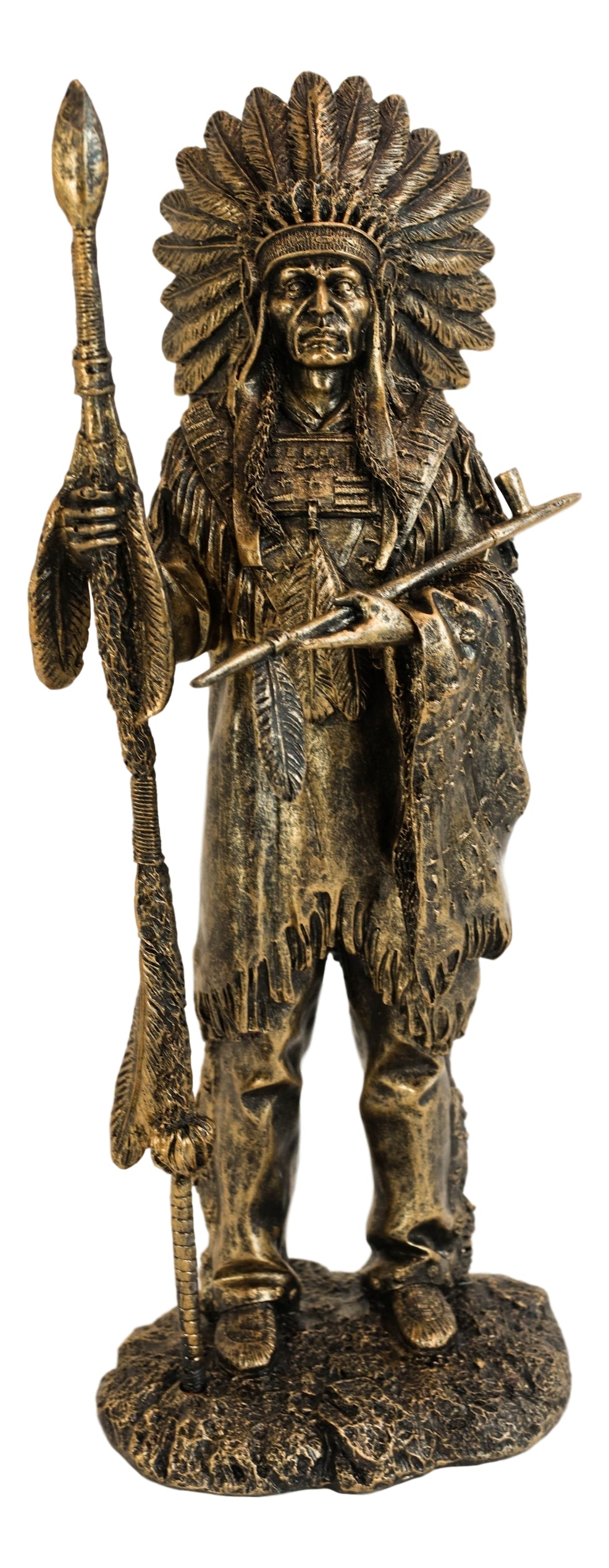Native American Indian Chief With Eagle Roach Spear And Chalumet Pipe Statue - Ebros Gift