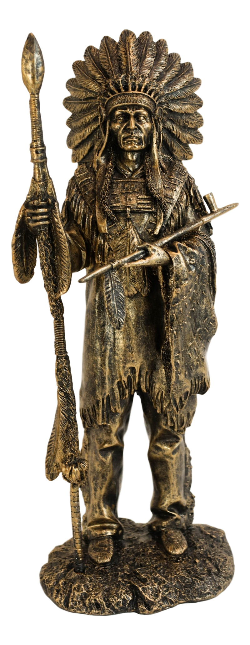 Native American Indian Chief With Eagle Roach Spear And Chalumet Pipe Statue